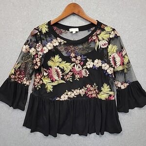 ANTHROPOLOGIE eri + ali Sheer Black Embroidered Floral Top Cami Blouse Boho Sz S